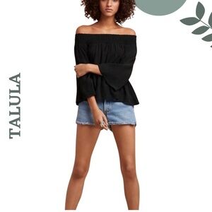 Aritzia Talula Marcilly Blouse | Black Off-Shoulder Smocked Top | Size Small